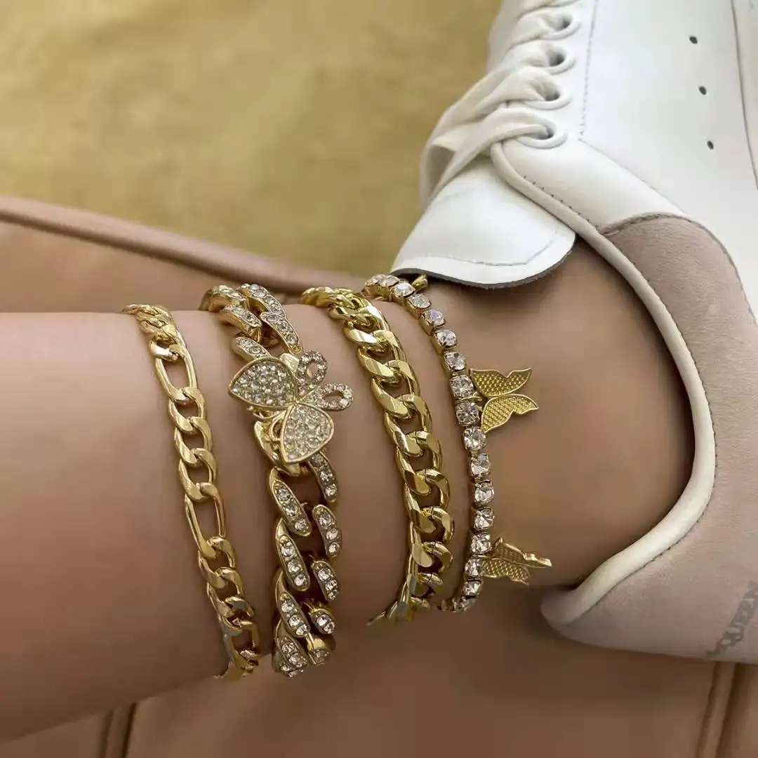 

Vintage Cuban full diamond claw thick multi layers chains butterfly custom anklet jewelry, Gold,silver