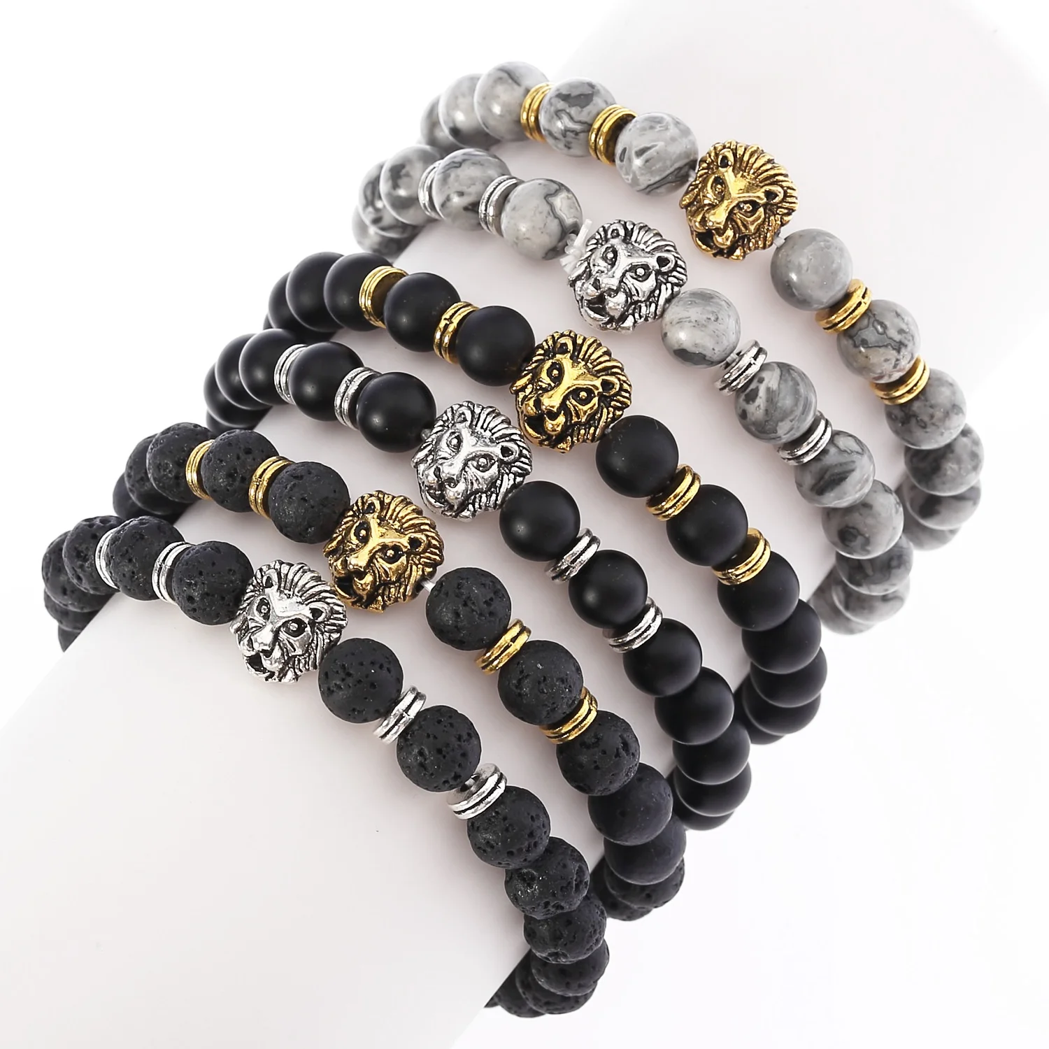 

New Fashion Lion Head Bracelet for Men Lava Stone Stretch Bracelets Bead Jewelry Custom Fast Shipping