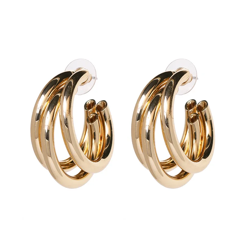 

Three wire gold plated hoop earrings Statement High Polished Triple Round Medium Open Tube Hoop Earrings