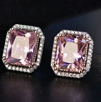 

CAOSHI Sweet Daily Jewelry Shiny Big Rectangle Gemstone Zircon Beautiful Princess Pink Radiant Silver Stud Earrings Lovely Girls