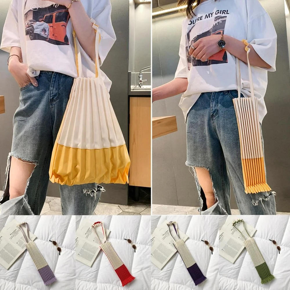 

Korean Leisure Contrast Color Pleated Canvas Joker Folding eco Foldable Shopping Bag Reusable pleated bags