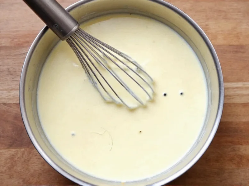 Whisking alfredo sauce in stainless steel pan