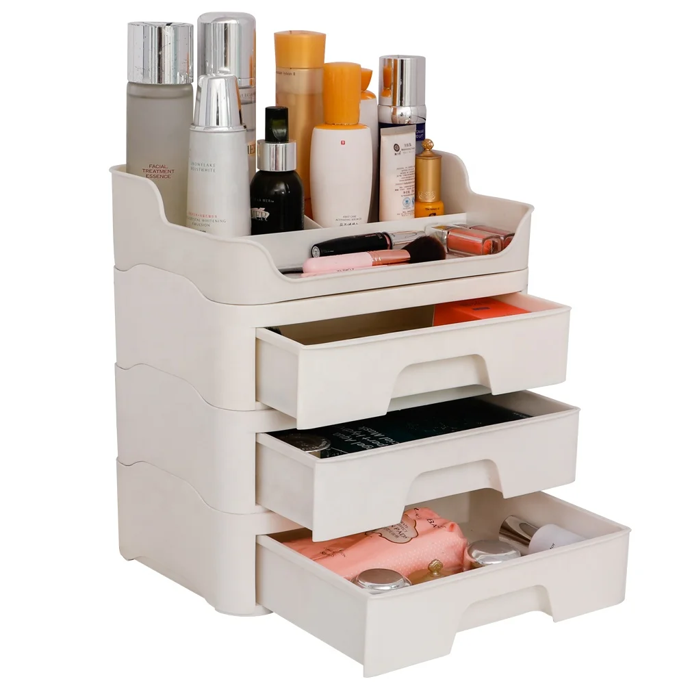 

BAOYOUNI PP Plastic 3 Layer Organizer Box Cosmetics Storage Box Makeup Case with Drawer Organizer for Bedroom Office Kitchen, Ivory