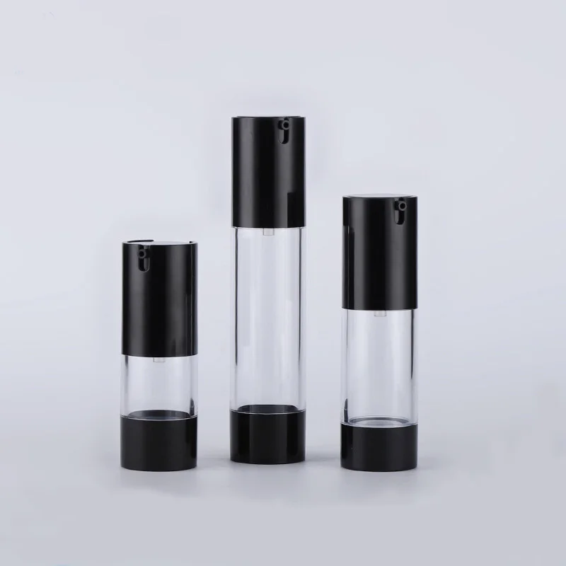 

Luxury 15ml 30ml 50ml empty plastic cosmetic airless pump lotion bottle with black cap