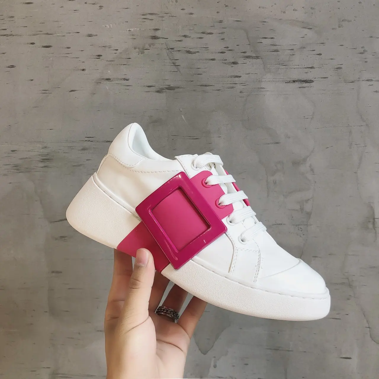 

Fashion White Split Leather Women 2020 Chunky Sneakers Colorful Buttoned White Shoes Lace-up Platform Women Casual Shoes