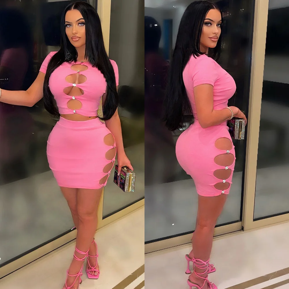 

Ladies sexy dress sets hollow out shirt bodycon dress set night party club clothing women, As show