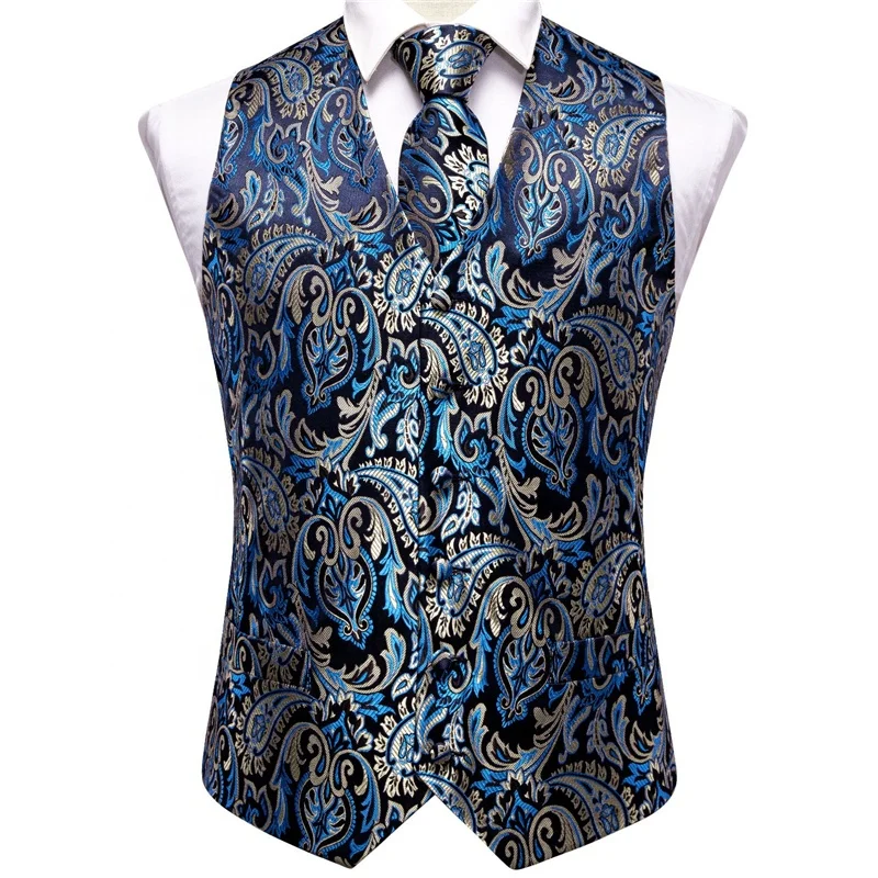 

Men's Formal Paisley Pattern Vest & Tie & Hanky & Cufflinks Males 4 In 1 Dressing Accessories For Wedding And Business Occasion