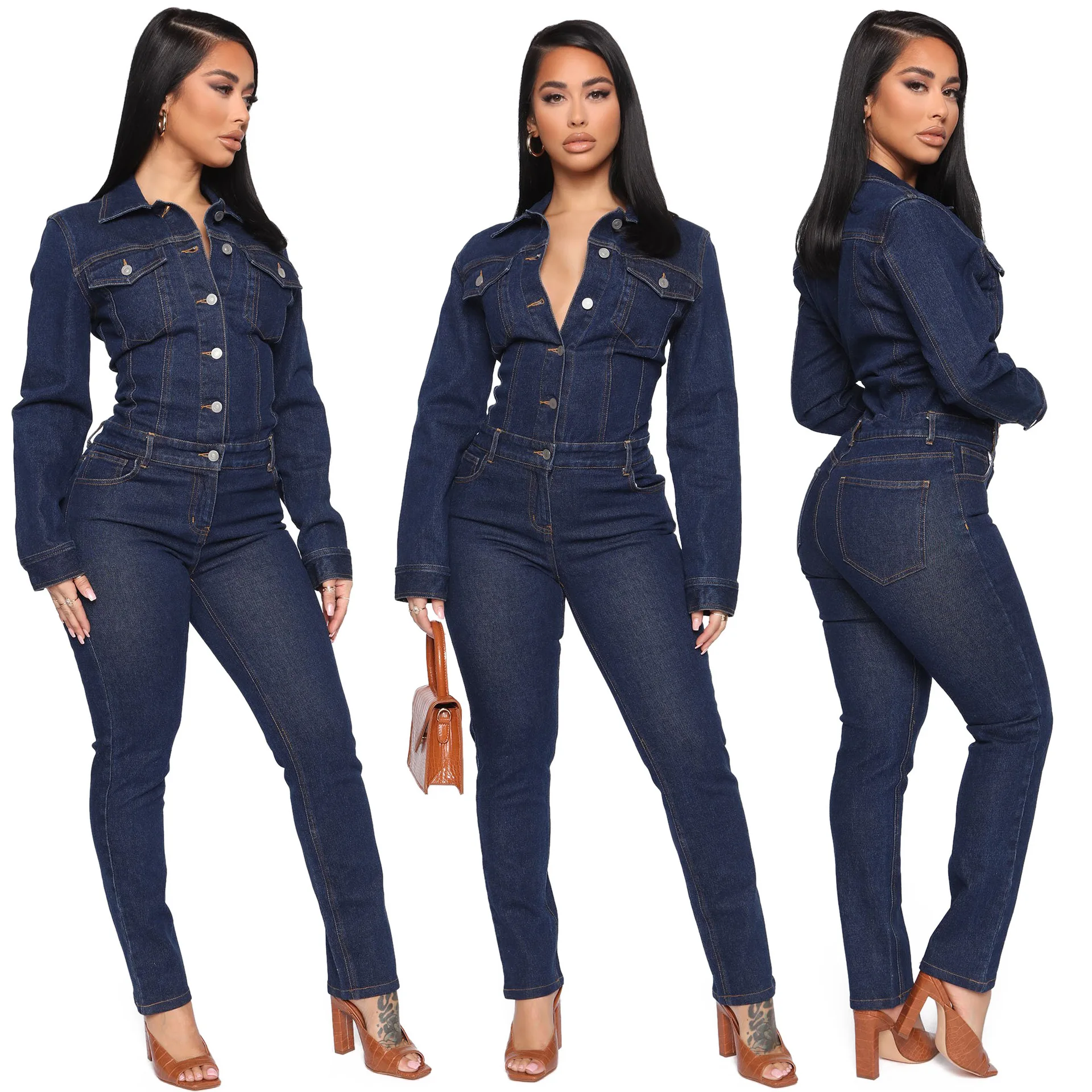 

2021 Winter Sexy Jeans Fashion Stand High Waist Sports Women Turtle Neck Corset Jumpsuit Rompers Women