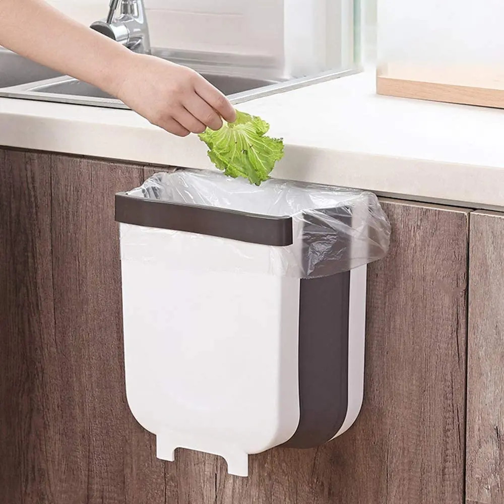 

Folding Trash Can Upgrade Wall Mounted Folding Waste Bin, Hanging Garbage Can for Kitchen Cabinet Door, Silver, white, black etc.