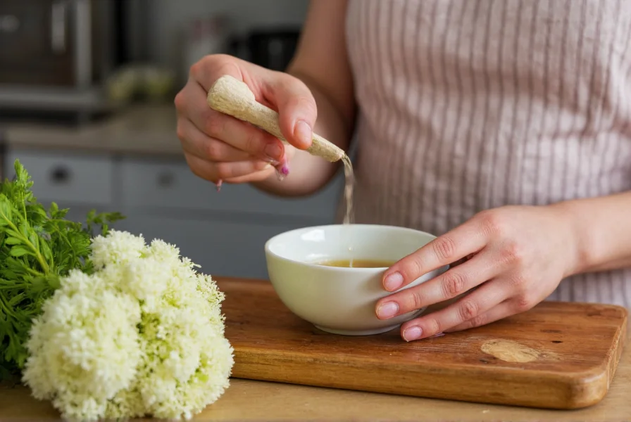 Woman preparing fennel tea in kitchen with fresh ingredients