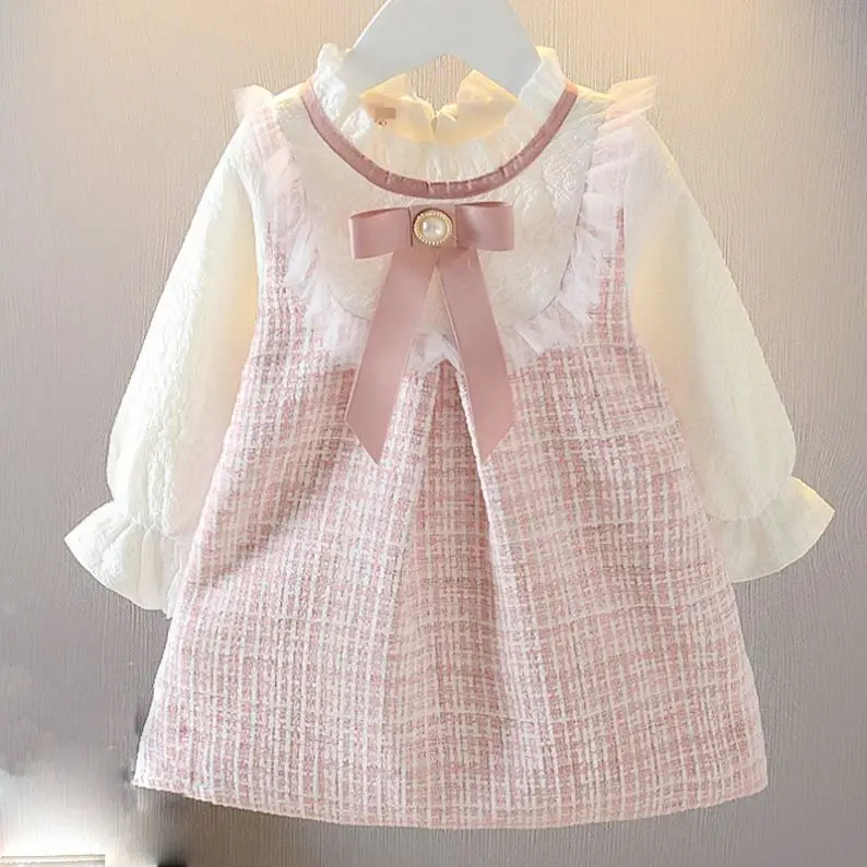 

New Arrival 2021 Elegant Casual Dresses Children Wear Spring New Style Small Fragrant Wind Mesh Splicing Lace Bow Princess, Pink,light blue