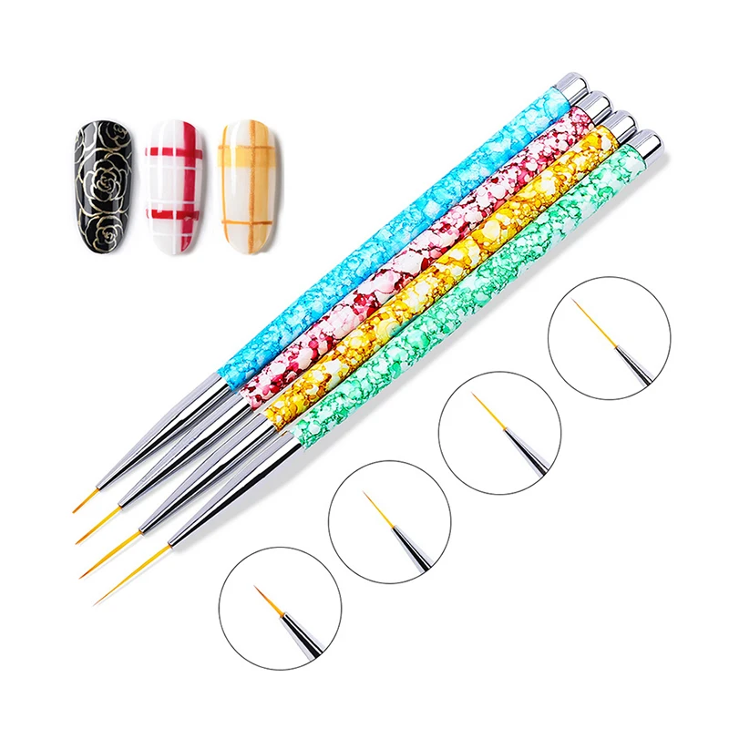 

4Pcs/Set Liner Nail Art Brush Drawing Carving Painting Pen Marble Printed Gradient UV Gel Polish Brushes For Manicure Tools Kits, Green/yellow/red/blue