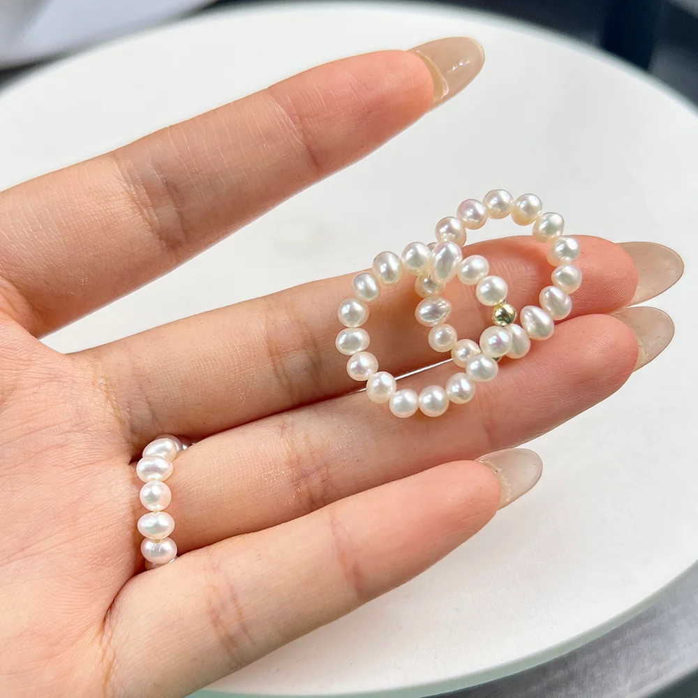 Dainty Stretchy Natural Freshwater Pearl Stacking Finger Ring for Women Jewelry