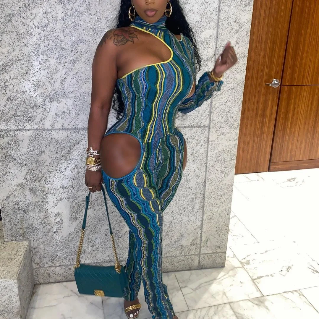 

2021 Spring Summer New Fashionable Clothing Hollow Out One Shoulder Pants Jumpsuit High End Women Sexy Jumpsuits -PT, Blue
