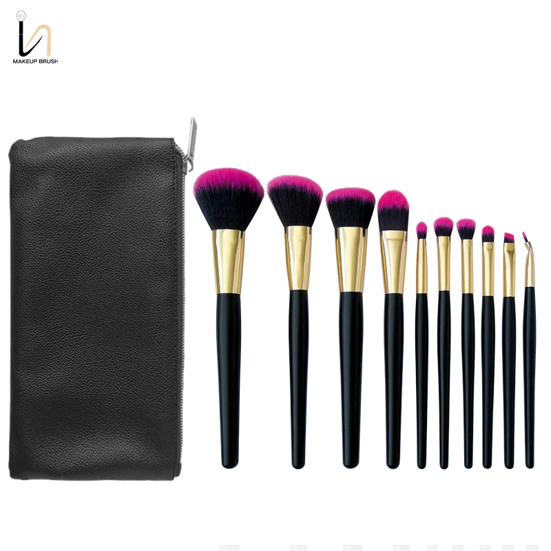 

low moq custom cosmetic vendor wholesale red and black mix color synthetic hair makeup brush set 10pcs, As the picture