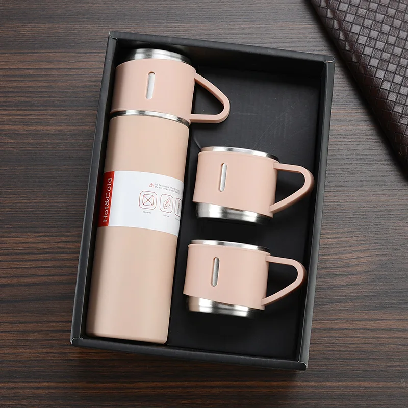 

2021 High Quality Business Custom Gift Logo 304 Stainless Steel Vacuum Thermos Set One Cup Two Lid Gift Box