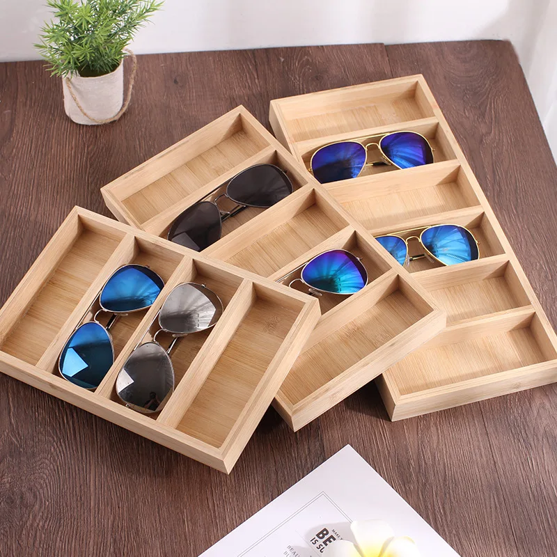 

Exhibitor fashion bamboo eyewear wood material display tray Storage box spectacles and sunglasses 7cell palletized