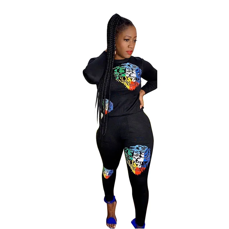 

Two Piece Set Women Clothing Stitching Embroidery Tiger Head Sports Two Piece Set