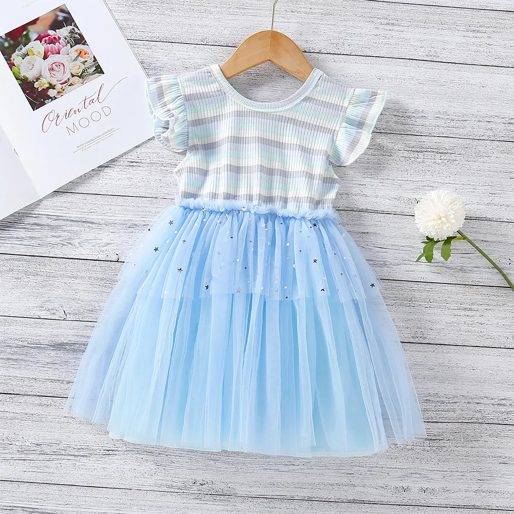 

Summer Baby Girls Dress Kid Striped Sleeveless Lace Sequins Dress Children Baby Girls Princess Dress, Pink blue