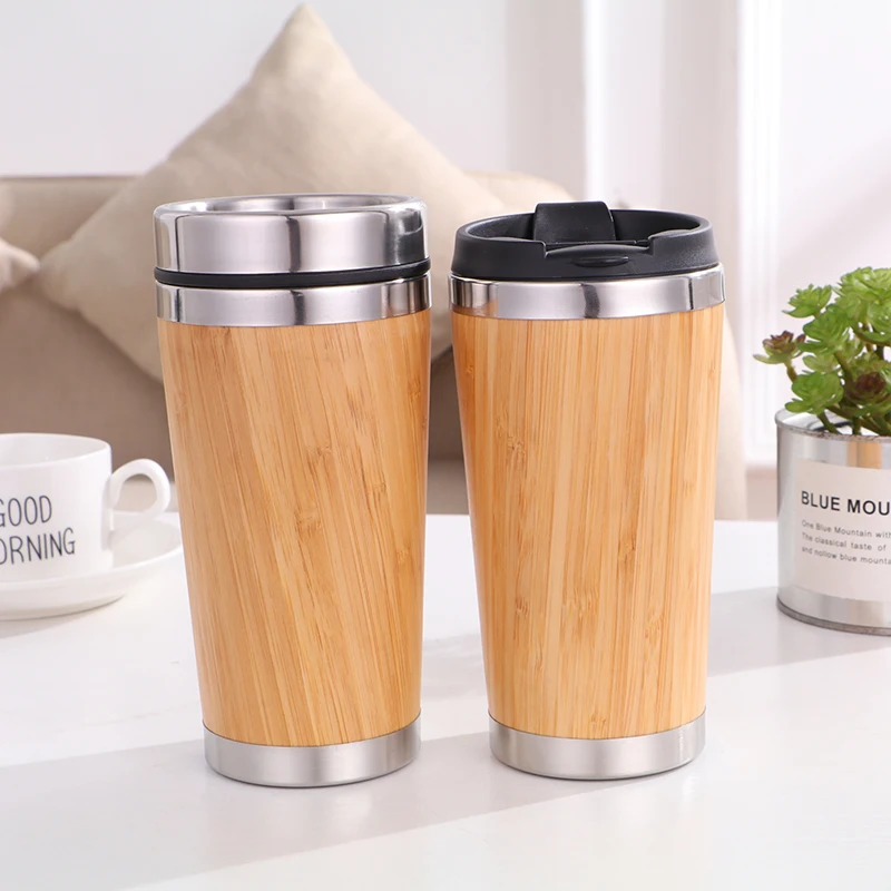 

New products 2021 unique 450ml stainless steel bamboo coffee mugs with lid, insulated vacuum wooden coffee mugs, Customized colors acceptable