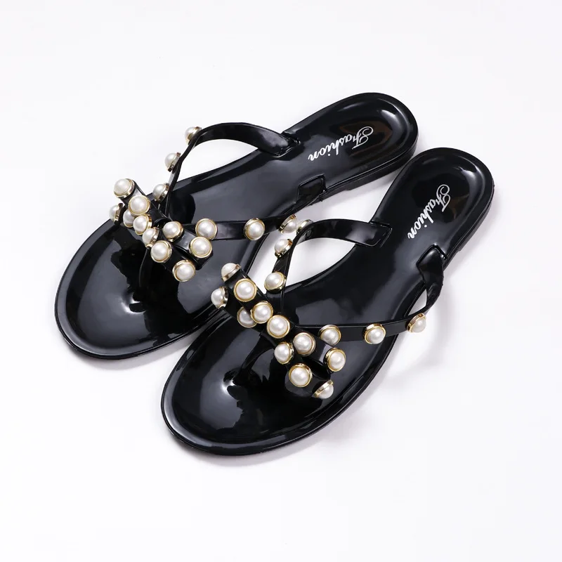 

2021 summer anti slip fashion ladies flip flops flat thong jelly flower pearl knot bow sandals for women