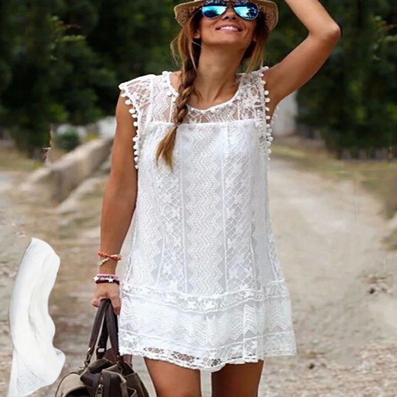 

Round Neck Loose Mesh Lace Spring Maxi Dress Woman Casual