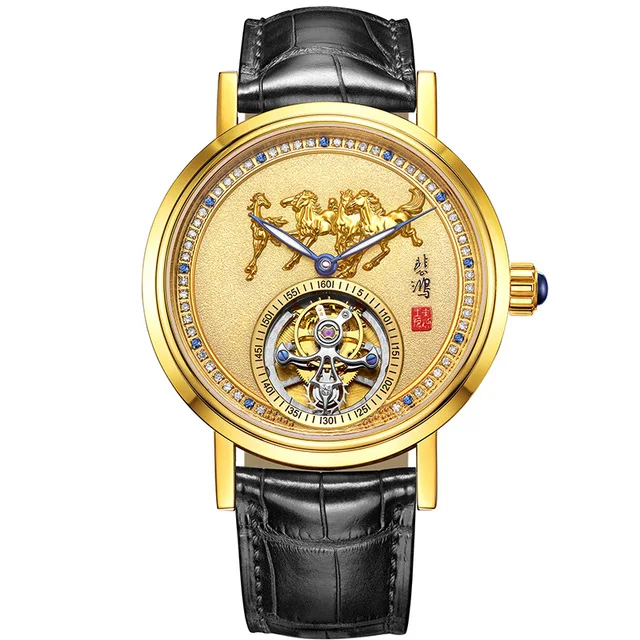 

Mens Super Top Luxury Golden Tourbillion No.1 Watches Natural Diamonds Hand Wind Timepiece Inlaid with Natural Jade