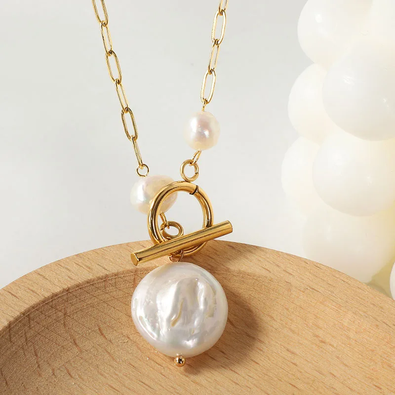 

18K Gold Plated Stainless Steel Paperclip Chain Link Big Round Natural Freshwater Baroque Pearl Pendant Necklaces