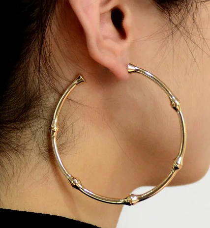 

INS Hot Unique Big Dangle round earring Gold banboo Hoop Earrings For fashion girls, Golden
