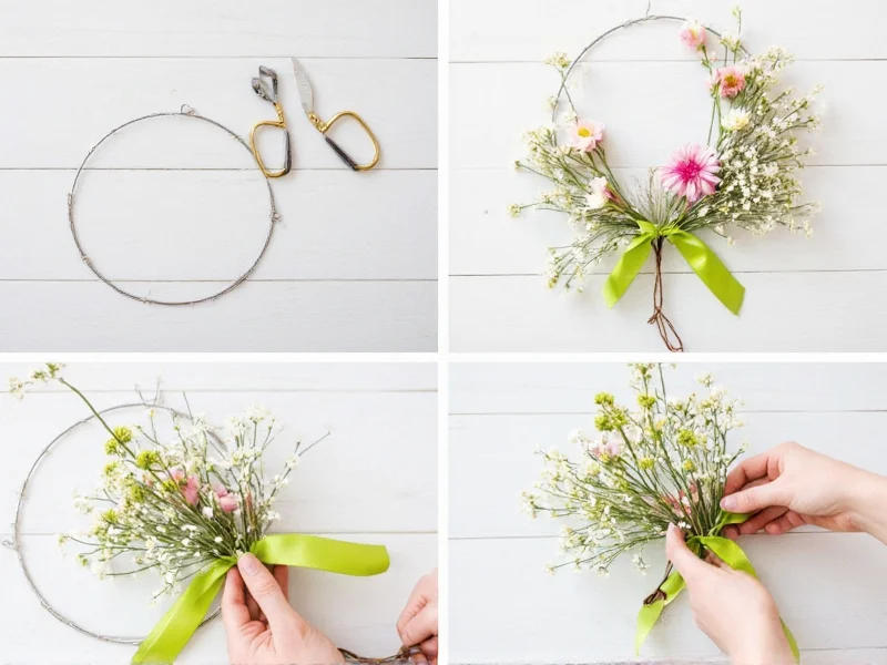 Step-by-step DIY wreath assembly with wire frame and floral materials