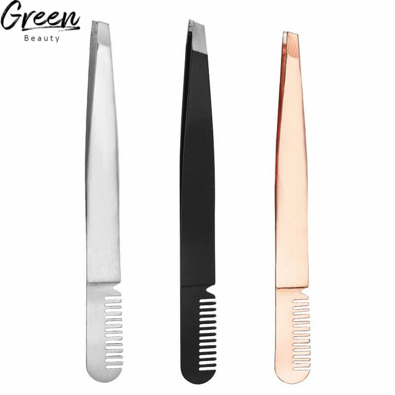 

Slanted tip type eyebrow tweezers stainless steel eyebrow plucking mini comb eyebrow tweezers, Rose gold,silver,black