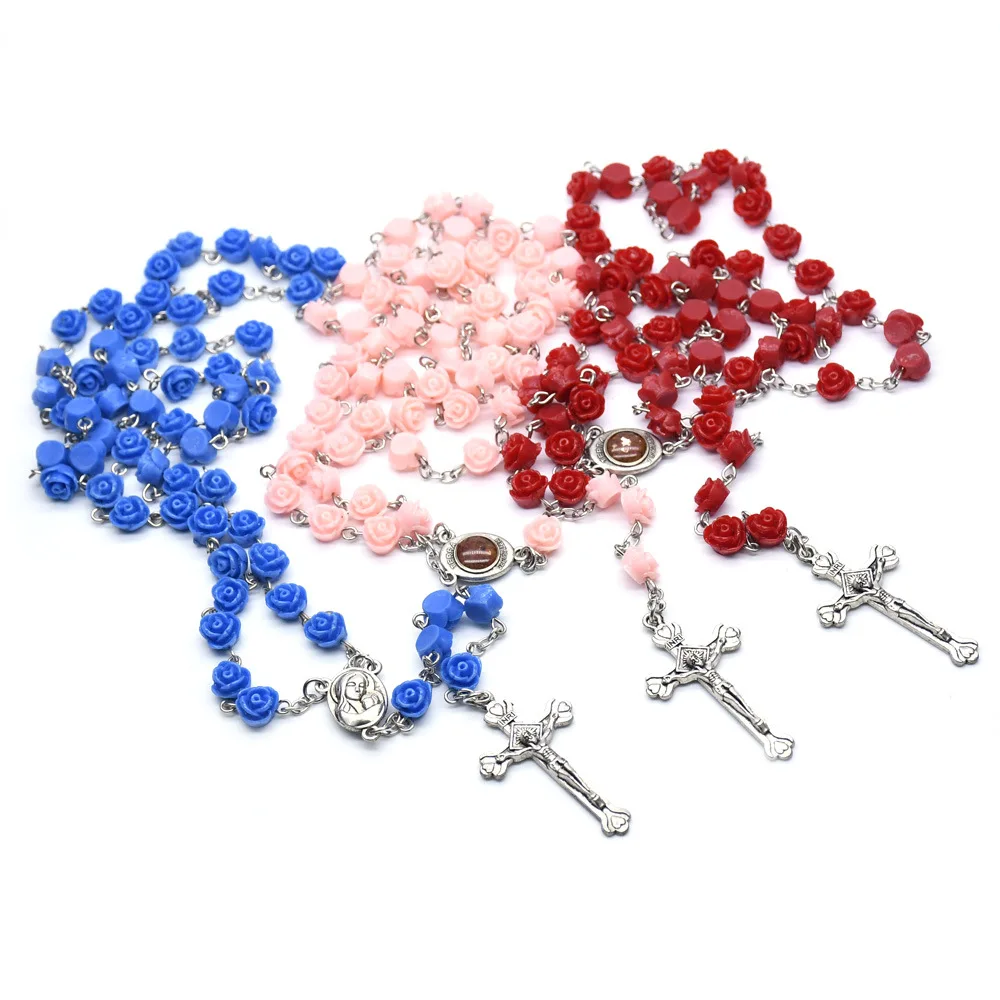 

Rose Flower Rosary Rosaries Beads Necklace Rosery Scapular Catholic Gifts For Men Women, Picture , can customize