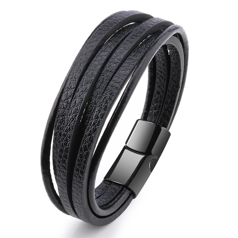 

New Punk Black And silver Magnetic Buckle Male Jewelry Leather Bracelet Christmas, 2 colors leather black and silver colors metal