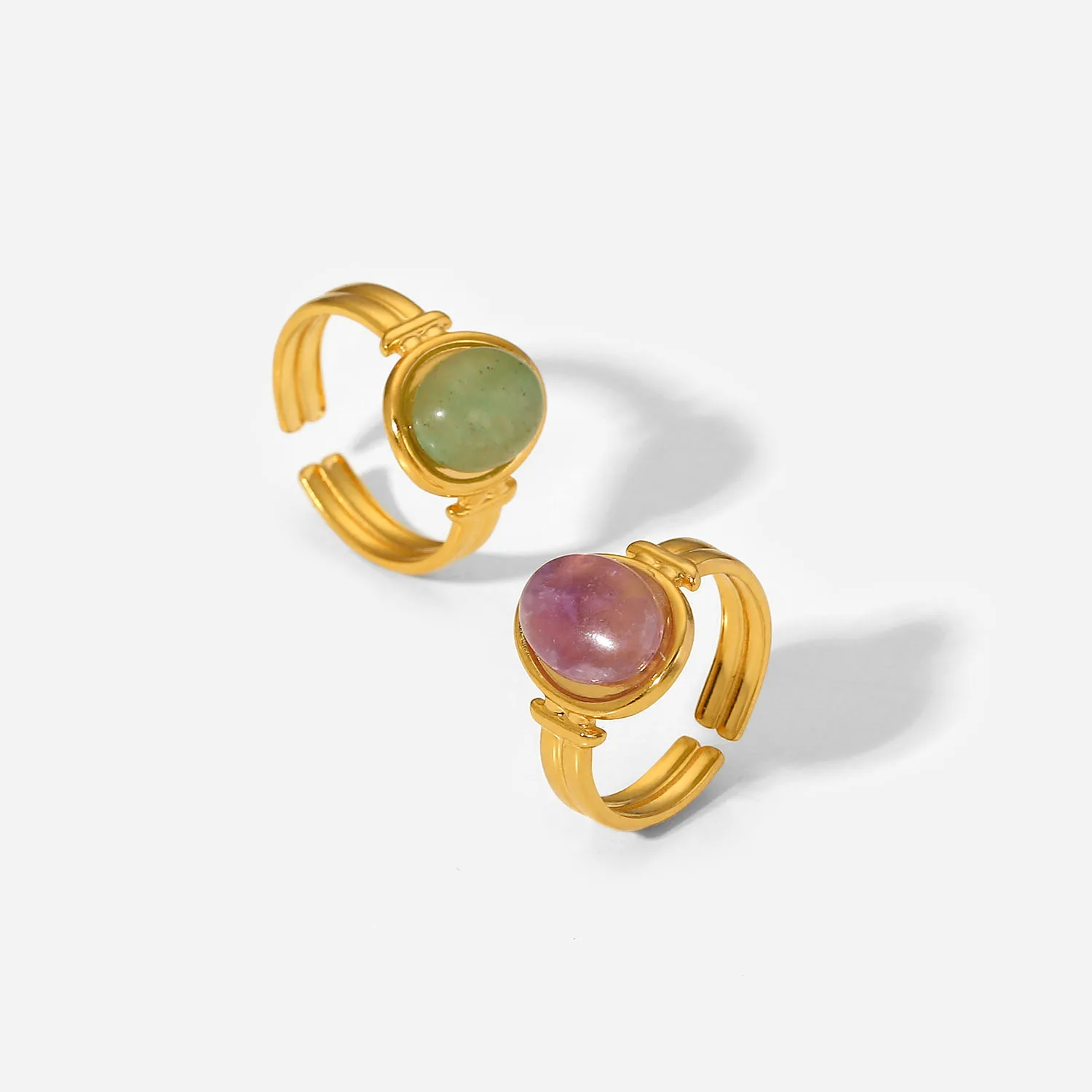 18K Gold Plated Stainless Steel Round Natural Green Purple Stone Adjustable Rings For Women