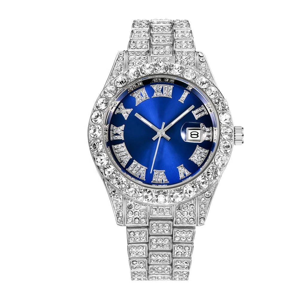 

Luxury Custom Bling Hip Hop Fully Iced Out Watches Silver Gold Blue Dial Quartz Diamond Watches Men Wrist