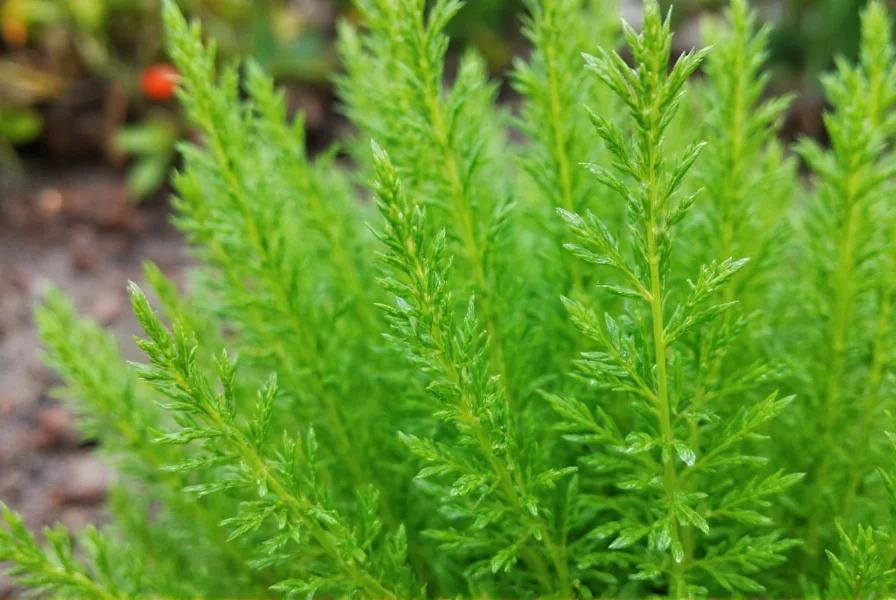 Close-up of fresh dill weed with water droplets on feathery leaves against garden background