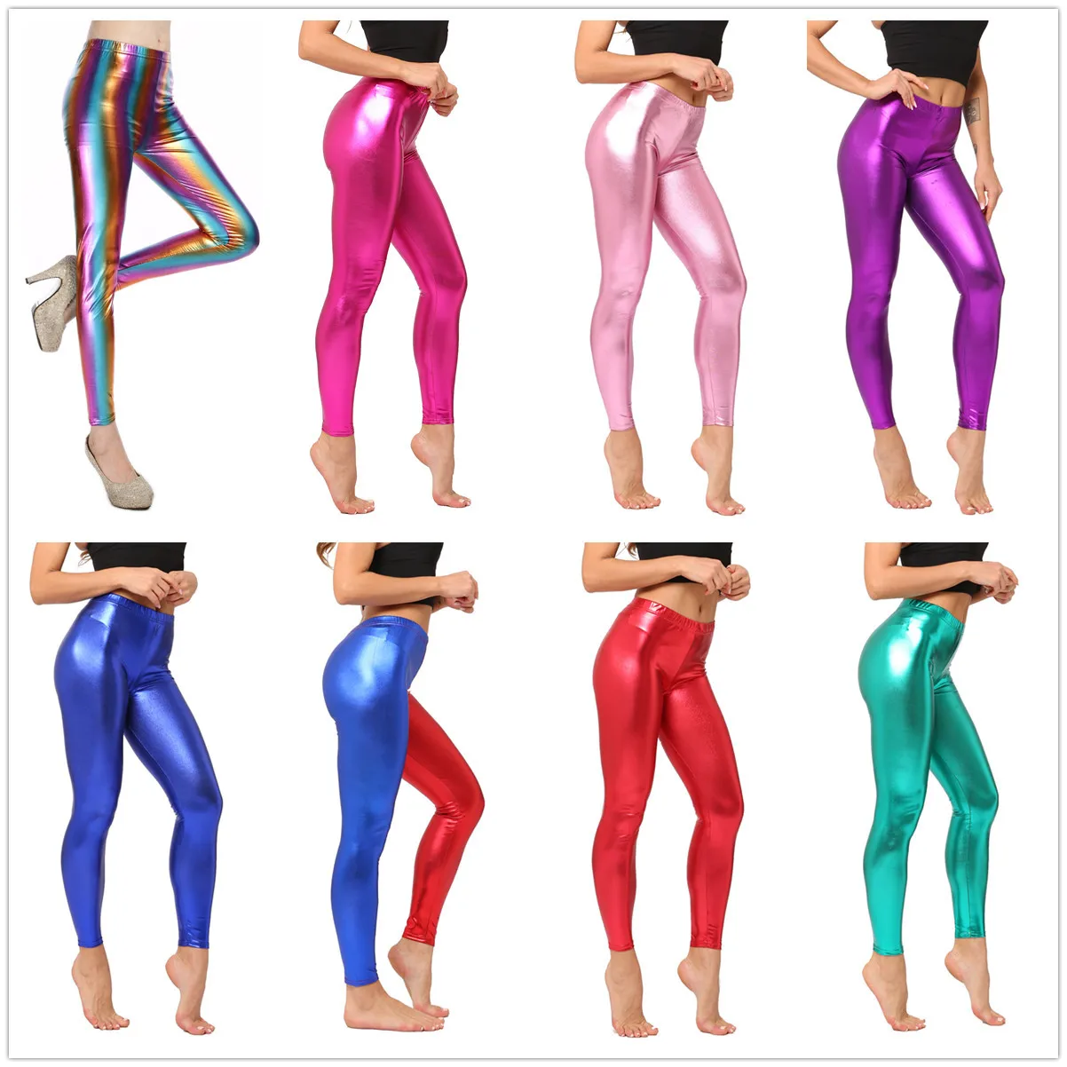 

2020 High Waist Shiny Wet Liquid Look PU Faux Leather Metallic Stretchy Leggings Sexy Dance Pants Disco Leggins, Multi color optional