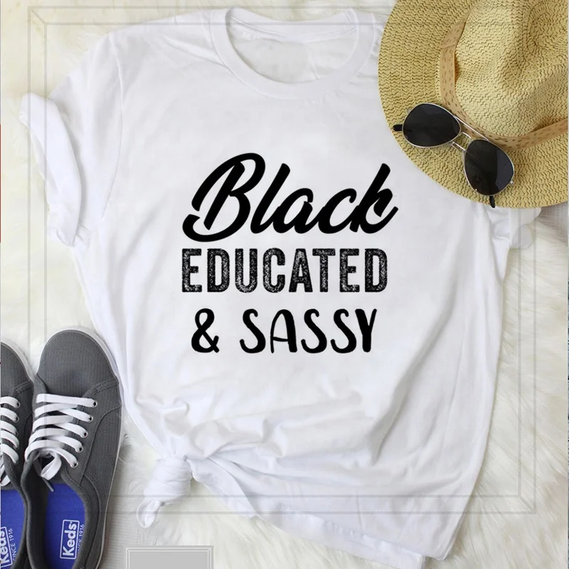 

Wholesale Tshirt Hipster Print Black Educated And Sassy Casual Summer Tops Female Loose Large Size Tees Ulzzang Vintage T-Shirt, White