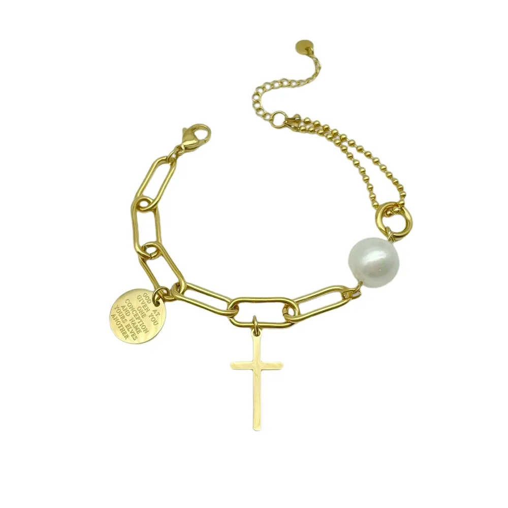 

Hot selling factory 14k gold silver imitation jewelry women stainless steel pearl cross charm bracelets custom engraved bracelet