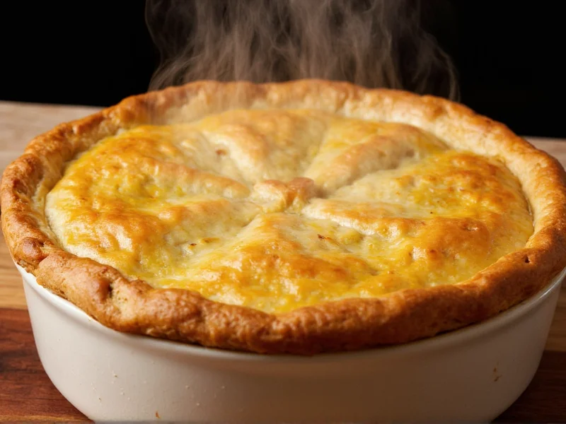 Golden brown chicken pot pie with steam rising from crust