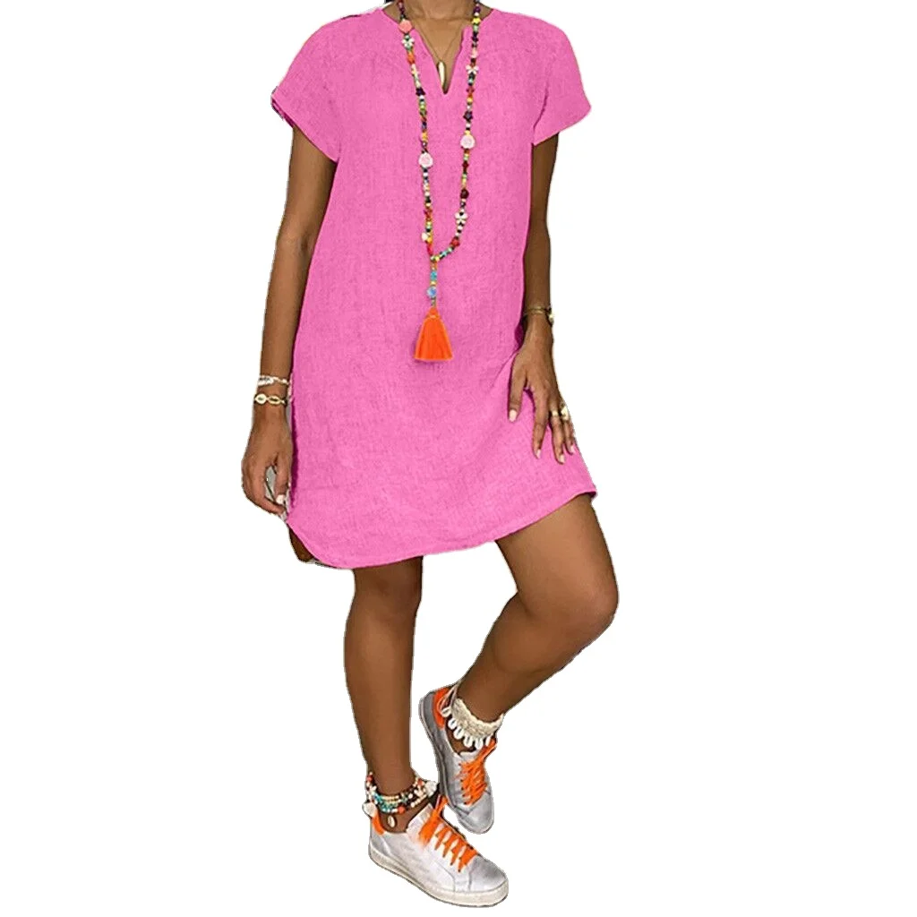 

Women's Loose Solid Color Leisure Short-sleeved V-collar Summer Cotton And Linen Dress Plus Size, Picture