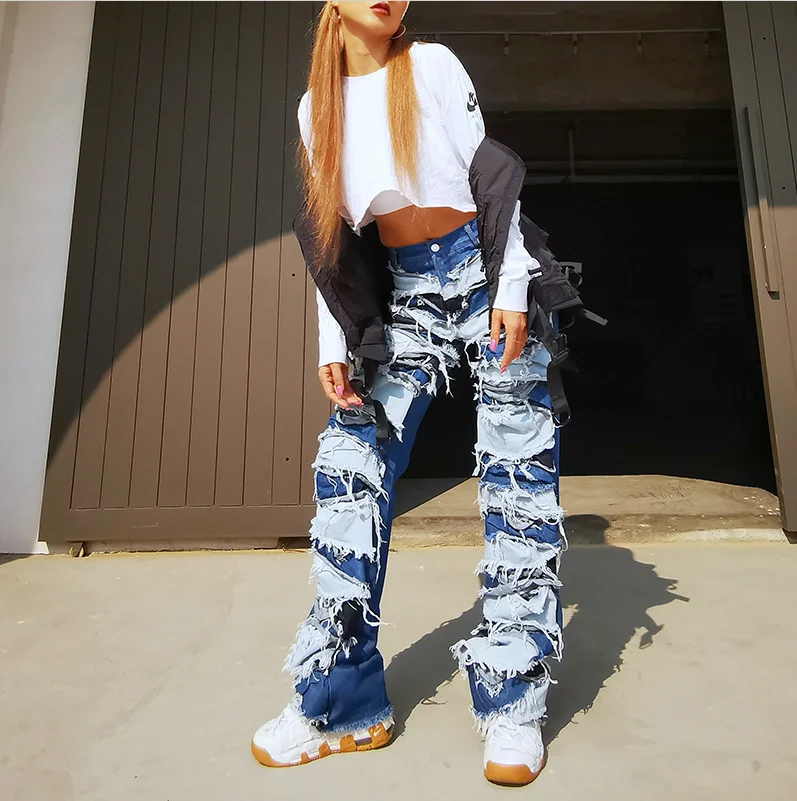 

2021 New Arrivals Spring Women Clothing Streetwear Seluar Patchwork Denim Jeans Tassel High Waist Jeans Pants, Blue jeans
