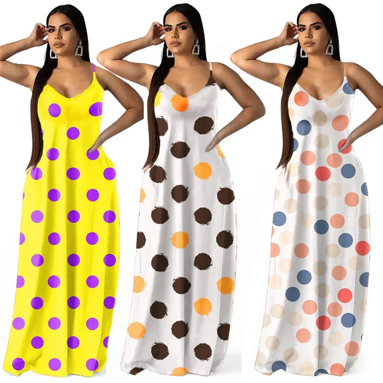 

New Fashion Sexy Women Sling Dress Bohemian Dot Long Dresses, Shown