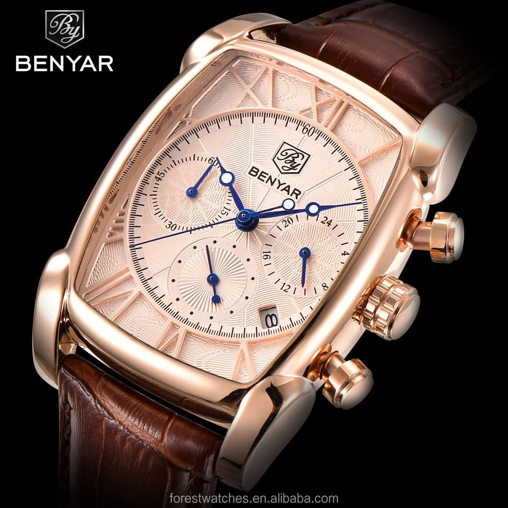 

BENYAR Classic Rectangle Case Fashion Sport Chronograph Men's Watches Waterproof 30M Genuine Leather Strap Luxury Quartz Watch