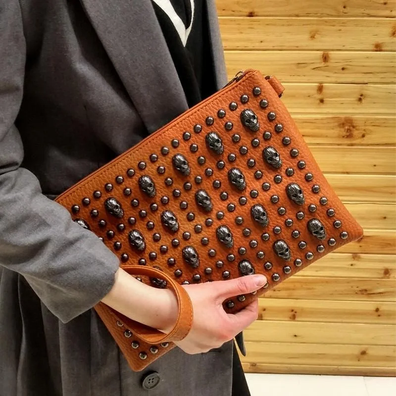 

Women Rivet Skull Clutch Multifunction Shoulder Tote Top-handle PU Leather Purse Handbag, Black,brown