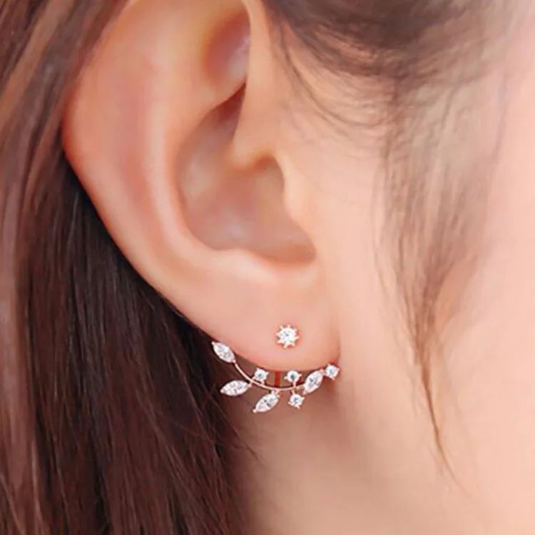 Korean Style Crystal Earrings Jewelry Zircon Leaf Tree Branch Shaped Front Back Stud Earring for Girls