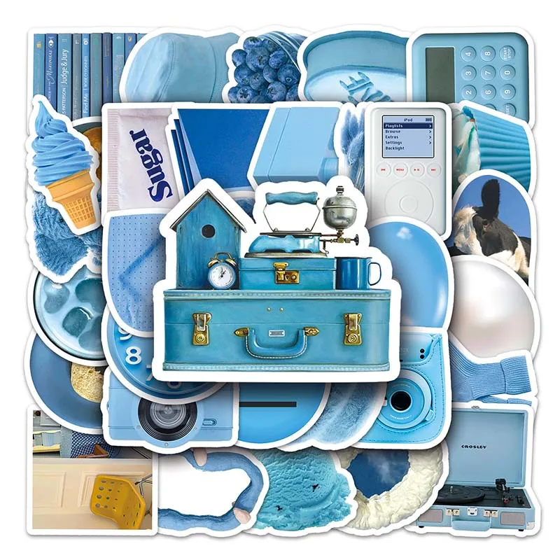 50Pcs High Quality Partysu Style  Personality Graffiti INS Blue Stickers For Bottle Laptop Phone Vinyl Cute Kid Decoration