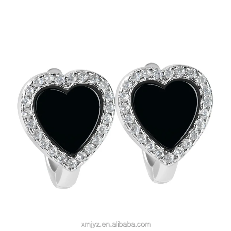 

Certified Grade A S925 Silver Inlaid Natural Black Jadeite Dark Jade Love Heart Stud Fashion Ladies High-End Earrings