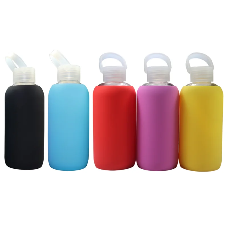 

2021 BPA-Free Customize  Glass Water Bottle with silicone protection sleeve cover, Clear green, clear blue, clear red, clear pink, clear purple