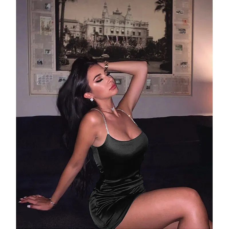 

Hot Styles Rhinestone Slip Skirt Low Chest Hip Wrap Red Backless Midi Silk Dress Women